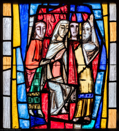 Waghäusel - Wallfahrtskirche - Von innen - Alter Chor - Nordostwand  - Rechtes / östliches Fenster - Von Südwesten - Fenster "Die Verherrlichung Christi und Mariens" - Feld "Pfingsten" - Ausschnitt (linke Bahn, zweites Feld von oben) aus dem Chorfenster (Entwurf von Valentin Peter Feuerstein, Neckarsteinach, 1960; Ausführung von der Glaswerkstatt Meysen, Heidelberg) (aufgenommen im Februar 2020, am späten Vormittag)