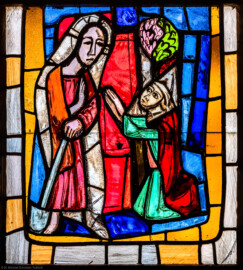 Waghäusel - Wallfahrtskirche - Von innen - Alter Chor - Nordostwand  - Rechtes / östliches Fenster - Von Südwesten - Fenster "Die Verherrlichung Christi und Mariens" - Feld "Jesus und Maria von Magdala" - Ausschnitt (rechte Bahn, unterstes Feld) aus dem Chorfenster (Entwurf von Valentin Peter Feuerstein, Neckarsteinach, 1960; Ausführung von der Glaswerkstatt Meysen, Heidelberg) (aufgenommen im Februar 2020, am späten Vormittag)