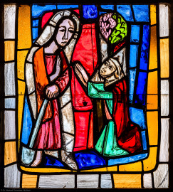 Waghäusel - Wallfahrtskirche - Von innen - Alter Chor - Nordostwand - Rechtes / östliches Fenster - Von Südwesten - Fenster "Die Verherrlichung Christi und Mariens" - Feld "Jesus und Maria von Magdala" - Ausschnitt (rechte Bahn, unterstes Feld) aus dem Chorfenster (Entwurf von Valentin Peter Feuerstein, Neckarsteinach, 1960; Ausführung von der Glaswerkstatt Meysen, Heidelberg) (aufgenommen im Februar 2020, am späten Vormittag) Waghäusel - Wallfahrtskirche - Von innen - Alter Chor - Nordostwand - Rechtes / östliches Fenster - Von Südwesten - Fenster "Die Verherrlichung Christi und Mariens" - Feld "Jesus und Maria von Magdala" - Ausschnitt (rechte Bahn, unterstes Feld) aus dem Chorfenster (Entwurf von Valentin Peter Feuerstein, Neckarsteinach, 1960; Ausführung von der Glaswerkstatt Meysen, Heidelberg) (aufgenommen im Februar 2020, am späten Vormittag)