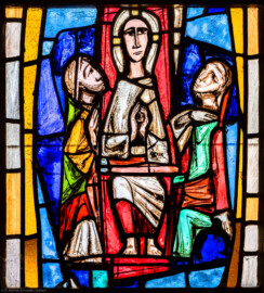 Waghäusel - Wallfahrtskirche - Von innen - Alter Chor - Nordostwand  - Rechtes / östliches Fenster - Von Südwesten - Fenster "Die Verherrlichung Christi und Mariens" - Feld "Emmaus" - Ausschnitt (rechte Bahn, zweites Feld von unten) aus dem Chorfenster (Entwurf von Valentin Peter Feuerstein, Neckarsteinach, 1960; Ausführung von der Glaswerkstatt Meysen, Heidelberg) (aufgenommen im Februar 2020, am späten Vormittag)