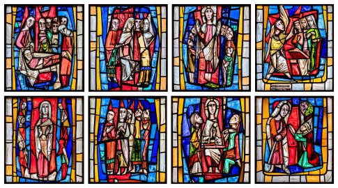 Waghäusel - Wallfahrtskirche - Von innen - Alter Chor - Nordostwand - Rechtes / östliches Fenster - Von Südwesten - Fenster "Die Verherrlichung Christi und Mariens" - Collage aus allen Feldern des Chorfensters (obere Zeile entspricht linker, untere Zeile entspricht rechter Bahn des Fensters) (Entwurf von Valentin Peter Feuerstein, Neckarsteinach, 1960; Ausführung von der Glaswerkstatt Meysen, Heidelberg) (aufgenommen im Februar 2020, am späten Vormittag) Waghäusel - Wallfahrtskirche - Von innen - Alter Chor - Nordostwand - Rechtes / östliches Fenster - Von Südwesten - Fenster "Die Verherrlichung Christi und Mariens" - Collage aus allen Feldern des Chorfensters (obere Zeile entspricht linker, untere Zeile entspricht rechter Bahn des Fensters) (Entwurf von Valentin Peter Feuerstein, Neckarsteinach, 1960; Ausführung von der Glaswerkstatt Meysen, Heidelberg) (aufgenommen im Februar 2020, am späten Vormittag)