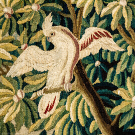 Schloss Bruchsal - Hauptbau / Corps de Logis - Beletage - Vorzimmer - Westliche Wand - Ausschnitt mit einem Kakadu aus der Tapisserie "Ausblick auf Tempel und Wasserfall" aus der fünfteiligen Folge "Exotische Landschaften" (Inv.Nr. G 134; Höhe x Breite: 296 cm x 374 cm; Marke / Signatur: MR.DAVBVSSON / P.COVLODON; hergestellt in der Manufacture Royale d'Aubusson, Ateliers Reynaud und Pierre Couloudon, 2. Viertel / Mitte 18. Jahrhundert) (aufgenommen im Februar 2020, am späten Vormittag) Schloss Bruchsal - Hauptbau / Corps de Logis - Beletage - Vorzimmer - Westliche Wand - Ausschnitt mit einem Kakadu aus der Tapisserie "Ausblick auf Tempel und Wasserfall" aus der fünfteiligen Folge "Exotische Landschaften" (Inv.Nr. G 134; Höhe x Breite: 296 cm x 374 cm; Marke / Signatur: MR.DAVBVSSON / P.COVLODON; hergestellt in der Manufacture Royale d'Aubusson, Ateliers Reynaud und Pierre Couloudon, 2. Viertel / Mitte 18. Jahrhundert) (aufgenommen im Februar 2020, am späten Vormittag)