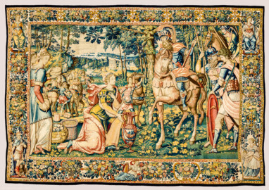 Schloss Bruchsal - Hauptbau / Corps de Logis - Beletage - Arbeitszimmer / Wohnzimmer - Westwand - Tapisserie "Abigail vor David" aus dem fünfteiligen Zyklus "Die Geschichte von David und Abigail" (Begebenheit aus dem Alten Testament, 1. Buch Samuel, Kapitel 25) (Inv.Nr. G 107; Höhe x Breite: 280,5 cm x 408 cm; Marke / Signatur: dreiblättriges Kleeblatt (rechte untere Ecke der Bordüre); hergestellt vermutlich in Brüssel, 3. Viertel des 16. Jahrhunderts) (aufgenommen im März 2020, am späten Vormittag) Schloss Bruchsal - Hauptbau / Corps de Logis - Beletage - Arbeitszimmer / Wohnzimmer - Westwand - Tapisserie "Abigail vor David" aus dem fünfteiligen Zyklus "Die Geschichte von David und Abigail" (Begebenheit aus dem Alten Testament, 1. Buch Samuel, Kapitel 25) (Inv.Nr. G 107; Höhe x Breite: 280,5 cm x 408 cm; Marke / Signatur: dreiblättriges Kleeblatt (rechte untere Ecke der Bordüre); hergestellt vermutlich in Brüssel, 3. Viertel des 16. Jahrhunderts) (aufgenommen im März 2020, am späten Vormittag)