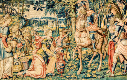 Schloss Bruchsal - Hauptbau / Corps de Logis - Beletage - Arbeitszimmer / Wohnzimmer - Westwand - Ausschnitt aus der Tapisserie "Abigail vor David" aus dem fünfteiligen Zyklus "Die Geschichte von David und Abigail" (Begebenheit aus dem Alten Testament, 1. Buch Samuel, Kapitel 25) (Inv.Nr. G 107; Höhe x Breite: 280,5 cm x 408 cm; Marke / Signatur: dreiblättriges Kleeblatt (rechte untere Ecke der Bordüre); hergestellt vermutlich in Brüssel, 3. Viertel des 16. Jahrhunderts) (aufgenommen im März 2020, am späten Vormittag) Schloss Bruchsal - Hauptbau / Corps de Logis - Beletage - Arbeitszimmer / Wohnzimmer - Westwand - Ausschnitt aus der Tapisserie "Abigail vor David" aus dem fünfteiligen Zyklus "Die Geschichte von David und Abigail" (Begebenheit aus dem Alten Testament, 1. Buch Samuel, Kapitel 25) (Inv.Nr. G 107; Höhe x Breite: 280,5 cm x 408 cm; Marke / Signatur: dreiblättriges Kleeblatt (rechte untere Ecke der Bordüre); hergestellt vermutlich in Brüssel, 3. Viertel des 16. Jahrhunderts) (aufgenommen im März 2020, am späten Vormittag)