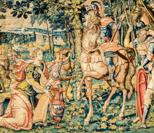 Schloss Bruchsal - Hauptbau / Corps de Logis - Beletage - Arbeitszimmer / Wohnzimmer - Westwand - Ausschnitt aus der Tapisserie "Abigail vor David" aus dem fünfteiligen Zyklus "Die Geschichte von David und Abigail" (Begebenheit aus dem Alten Testament, 1. Buch Samuel, Kapitel 25) (Inv.Nr. G 107; Höhe x Breite: 280,5 cm x 408 cm; Marke / Signatur: dreiblättriges Kleeblatt (rechte untere Ecke der Bordüre); hergestellt vermutlich in Brüssel, 3. Viertel des 16. Jahrhunderts) (aufgenommen im März 2020, am späten Vormittag) Schloss Bruchsal - Hauptbau / Corps de Logis - Beletage - Arbeitszimmer / Wohnzimmer - Westwand - Ausschnitt aus der Tapisserie "Abigail vor David" aus dem fünfteiligen Zyklus "Die Geschichte von David und Abigail" (Begebenheit aus dem Alten Testament, 1. Buch Samuel, Kapitel 25) (Inv.Nr. G 107; Höhe x Breite: 280,5 cm x 408 cm; Marke / Signatur: dreiblättriges Kleeblatt (rechte untere Ecke der Bordüre); hergestellt vermutlich in Brüssel, 3. Viertel des 16. Jahrhunderts) (aufgenommen im März 2020, am späten Vormittag)