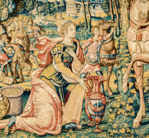 Schloss Bruchsal - Hauptbau / Corps de Logis - Beletage - Arbeitszimmer / Wohnzimmer - Westwand - Ausschnitt aus der Tapisserie "Abigail vor David" aus dem fünfteiligen Zyklus "Die Geschichte von David und Abigail" (Begebenheit aus dem Alten Testament, 1. Buch Samuel, Kapitel 25) (Inv.Nr. G 107; Höhe x Breite: 280,5 cm x 408 cm; Marke / Signatur: dreiblättriges Kleeblatt (rechte untere Ecke der Bordüre); hergestellt vermutlich in Brüssel, 3. Viertel des 16. Jahrhunderts) (aufgenommen im März 2020, am späten Vormittag) Schloss Bruchsal - Hauptbau / Corps de Logis - Beletage - Arbeitszimmer / Wohnzimmer - Westwand - Ausschnitt aus der Tapisserie "Abigail vor David" aus dem fünfteiligen Zyklus "Die Geschichte von David und Abigail" (Begebenheit aus dem Alten Testament, 1. Buch Samuel, Kapitel 25) (Inv.Nr. G 107; Höhe x Breite: 280,5 cm x 408 cm; Marke / Signatur: dreiblättriges Kleeblatt (rechte untere Ecke der Bordüre); hergestellt vermutlich in Brüssel, 3. Viertel des 16. Jahrhunderts) (aufgenommen im März 2020, am späten Vormittag)