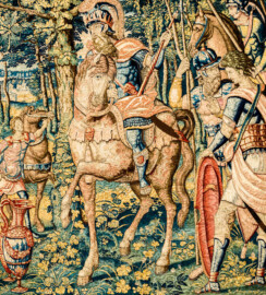 Schloss Bruchsal - Hauptbau / Corps de Logis - Beletage - Arbeitszimmer / Wohnzimmer - Westwand - Ausschnitt aus der Tapisserie "Abigail vor David" aus dem fünfteiligen Zyklus "Die Geschichte von David und Abigail" (Begebenheit aus dem Alten Testament, 1. Buch Samuel, Kapitel 25) (Inv.Nr. G 107; Höhe x Breite: 280,5 cm x 408 cm; Marke / Signatur: dreiblättriges Kleeblatt (rechte untere Ecke der Bordüre); hergestellt vermutlich in Brüssel, 3. Viertel des 16. Jahrhunderts) (aufgenommen im März 2020, um die Mittagszeit) Schloss Bruchsal - Hauptbau / Corps de Logis - Beletage - Arbeitszimmer / Wohnzimmer - Westwand - Ausschnitt aus der Tapisserie "Abigail vor David" aus dem fünfteiligen Zyklus "Die Geschichte von David und Abigail" (Begebenheit aus dem Alten Testament, 1. Buch Samuel, Kapitel 25) (Inv.Nr. G 107; Höhe x Breite: 280,5 cm x 408 cm; Marke / Signatur: dreiblättriges Kleeblatt (rechte untere Ecke der Bordüre); hergestellt vermutlich in Brüssel, 3. Viertel des 16. Jahrhunderts) (aufgenommen im März 2020, um die Mittagszeit)