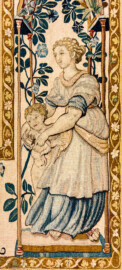 Schloss Bruchsal - Hauptbau / Corps de Logis - Beletage - Arbeitszimmer / Wohnzimmer - Westwand - Ausschnitt (rechte untere Bordüre) aus der Tapisserie "Abigail vor David" aus dem fünfteiligen Zyklus "Die Geschichte von David und Abigail" (Begebenheit aus dem Alten Testament, 1. Buch Samuel, Kapitel 25) (Inv.Nr. G 107; Höhe x Breite: 280,5 cm x 408 cm; Marke / Signatur: dreiblättriges Kleeblatt (rechte untere Ecke der Bordüre); hergestellt vermutlich in Brüssel, 3. Viertel des 16. Jahrhunderts) (aufgenommen im März 2020, um die Mittagszeit) Schloss Bruchsal - Hauptbau / Corps de Logis - Beletage - Arbeitszimmer / Wohnzimmer - Westwand - Ausschnitt (rechte untere Bordüre) aus der Tapisserie "Abigail vor David" aus dem fünfteiligen Zyklus "Die Geschichte von David und Abigail" (Begebenheit aus dem Alten Testament, 1. Buch Samuel, Kapitel 25) (Inv.Nr. G 107; Höhe x Breite: 280,5 cm x 408 cm; Marke / Signatur: dreiblättriges Kleeblatt (rechte untere Ecke der Bordüre); hergestellt vermutlich in Brüssel, 3. Viertel des 16. Jahrhunderts) (aufgenommen im März 2020, um die Mittagszeit)