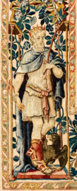 Schloss Bruchsal - Hauptbau / Corps de Logis - Beletage - Arbeitszimmer / Wohnzimmer - Westwand - Ausschnitt (linke untere Bordüre) aus der Tapisserie "Abigail vor David" aus dem fünfteiligen Zyklus "Die Geschichte von David und Abigail" (Begebenheit aus dem Alten Testament, 1. Buch Samuel, Kapitel 25) (Inv.Nr. G 107; Höhe x Breite: 280,5 cm x 408 cm; Marke / Signatur: dreiblättriges Kleeblatt (rechte untere Ecke der Bordüre); hergestellt vermutlich in Brüssel, 3. Viertel des 16. Jahrhunderts) (aufgenommen im März 2020, um die Mittagszeit) Schloss Bruchsal - Hauptbau / Corps de Logis - Beletage - Arbeitszimmer / Wohnzimmer - Westwand - Ausschnitt (linke untere Bordüre) aus der Tapisserie "Abigail vor David" aus dem fünfteiligen Zyklus "Die Geschichte von David und Abigail" (Begebenheit aus dem Alten Testament, 1. Buch Samuel, Kapitel 25) (Inv.Nr. G 107; Höhe x Breite: 280,5 cm x 408 cm; Marke / Signatur: dreiblättriges Kleeblatt (rechte untere Ecke der Bordüre); hergestellt vermutlich in Brüssel, 3. Viertel des 16. Jahrhunderts) (aufgenommen im März 2020, um die Mittagszeit)