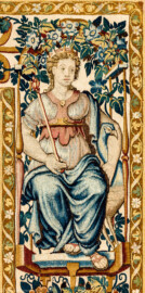 Schloss Bruchsal - Hauptbau / Corps de Logis - Beletage - Arbeitszimmer / Wohnzimmer - Westwand - Ausschnitt (rechte obere Bordüre) aus der Tapisserie "Abigail vor David" aus dem fünfteiligen Zyklus "Die Geschichte von David und Abigail" (Begebenheit aus dem Alten Testament, 1. Buch Samuel, Kapitel 25) (Inv.Nr. G 107; Höhe x Breite: 280,5 cm x 408 cm; Marke / Signatur: dreiblättriges Kleeblatt (rechte untere Ecke der Bordüre); hergestellt vermutlich in Brüssel, 3. Viertel des 16. Jahrhunderts) (aufgenommen im März 2020, am Nachmittag) Schloss Bruchsal - Hauptbau / Corps de Logis - Beletage - Arbeitszimmer / Wohnzimmer - Westwand - Ausschnitt (rechte obere Bordüre) aus der Tapisserie "Abigail vor David" aus dem fünfteiligen Zyklus "Die Geschichte von David und Abigail" (Begebenheit aus dem Alten Testament, 1. Buch Samuel, Kapitel 25) (Inv.Nr. G 107; Höhe x Breite: 280,5 cm x 408 cm; Marke / Signatur: dreiblättriges Kleeblatt (rechte untere Ecke der Bordüre); hergestellt vermutlich in Brüssel, 3. Viertel des 16. Jahrhunderts) (aufgenommen im März 2020, am Nachmittag)