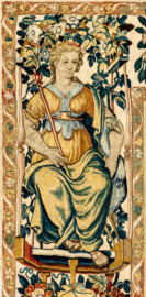 Schloss Bruchsal - Hauptbau / Corps de Logis - Beletage - Arbeitszimmer / Wohnzimmer - Westwand - Ausschnitt (linke obere Bordüre) aus der Tapisserie "Abigail vor David" aus dem fünfteiligen Zyklus "Die Geschichte von David und Abigail" (Begebenheit aus dem Alten Testament, 1. Buch Samuel, Kapitel 25) (Inv.Nr. G 107; Höhe x Breite: 280,5 cm x 408 cm; Marke / Signatur: dreiblättriges Kleeblatt (rechte untere Ecke der Bordüre); hergestellt vermutlich in Brüssel, 3. Viertel des 16. Jahrhunderts) (aufgenommen im März 2020, am Nachmittag) Schloss Bruchsal - Hauptbau / Corps de Logis - Beletage - Arbeitszimmer / Wohnzimmer - Westwand - Ausschnitt (linke obere Bordüre) aus der Tapisserie "Abigail vor David" aus dem fünfteiligen Zyklus "Die Geschichte von David und Abigail" (Begebenheit aus dem Alten Testament, 1. Buch Samuel, Kapitel 25) (Inv.Nr. G 107; Höhe x Breite: 280,5 cm x 408 cm; Marke / Signatur: dreiblättriges Kleeblatt (rechte untere Ecke der Bordüre); hergestellt vermutlich in Brüssel, 3. Viertel des 16. Jahrhunderts) (aufgenommen im März 2020, am Nachmittag)