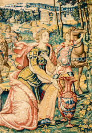 Schloss Bruchsal - Hauptbau / Corps de Logis - Beletage - Arbeitszimmer / Wohnzimmer - Westwand - Ausschnitt aus der Tapisserie "Abigail vor David" aus dem fünfteiligen Zyklus "Die Geschichte von David und Abigail" (Begebenheit aus dem Alten Testament, 1. Buch Samuel, Kapitel 25) (Inv.Nr. G 107; Höhe x Breite: 280,5 cm x 408 cm; Marke / Signatur: dreiblättriges Kleeblatt (rechte untere Ecke der Bordüre); hergestellt vermutlich in Brüssel, 3. Viertel des 16. Jahrhunderts) (aufgenommen im März 2020, am Nachmittag) Schloss Bruchsal - Hauptbau / Corps de Logis - Beletage - Arbeitszimmer / Wohnzimmer - Westwand - Ausschnitt aus der Tapisserie "Abigail vor David" aus dem fünfteiligen Zyklus "Die Geschichte von David und Abigail" (Begebenheit aus dem Alten Testament, 1. Buch Samuel, Kapitel 25) (Inv.Nr. G 107; Höhe x Breite: 280,5 cm x 408 cm; Marke / Signatur: dreiblättriges Kleeblatt (rechte untere Ecke der Bordüre); hergestellt vermutlich in Brüssel, 3. Viertel des 16. Jahrhunderts) (aufgenommen im März 2020, am Nachmittag)