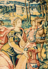 Schloss Bruchsal - Hauptbau / Corps de Logis - Beletage - Arbeitszimmer / Wohnzimmer - Westwand - Ausschnitt aus der Tapisserie "Abigail vor David" aus dem fünfteiligen Zyklus "Die Geschichte von David und Abigail" (Begebenheit aus dem Alten Testament, 1. Buch Samuel, Kapitel 25) (Inv.Nr. G 107; Höhe x Breite: 280,5 cm x 408 cm; Marke / Signatur: dreiblättriges Kleeblatt (rechte untere Ecke der Bordüre); hergestellt vermutlich in Brüssel, 3. Viertel des 16. Jahrhunderts) (aufgenommen im März 2020, am Nachmittag) Schloss Bruchsal - Hauptbau / Corps de Logis - Beletage - Arbeitszimmer / Wohnzimmer - Westwand - Ausschnitt aus der Tapisserie "Abigail vor David" aus dem fünfteiligen Zyklus "Die Geschichte von David und Abigail" (Begebenheit aus dem Alten Testament, 1. Buch Samuel, Kapitel 25) (Inv.Nr. G 107; Höhe x Breite: 280,5 cm x 408 cm; Marke / Signatur: dreiblättriges Kleeblatt (rechte untere Ecke der Bordüre); hergestellt vermutlich in Brüssel, 3. Viertel des 16. Jahrhunderts) (aufgenommen im März 2020, am Nachmittag)