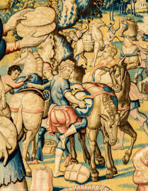 Schloss Bruchsal - Hauptbau / Corps de Logis - Beletage - Arbeitszimmer / Wohnzimmer - Westwand - Ausschnitt aus der Tapisserie "Abigail vor David" aus dem fünfteiligen Zyklus "Die Geschichte von David und Abigail" (Begebenheit aus dem Alten Testament, 1. Buch Samuel, Kapitel 25) (Inv.Nr. G 107; Höhe x Breite: 280,5 cm x 408 cm; Marke / Signatur: dreiblättriges Kleeblatt (rechte untere Ecke der Bordüre); hergestellt vermutlich in Brüssel, 3. Viertel des 16. Jahrhunderts) (aufgenommen im März 2020, am Nachmittag) Schloss Bruchsal - Hauptbau / Corps de Logis - Beletage - Arbeitszimmer / Wohnzimmer - Westwand - Ausschnitt aus der Tapisserie "Abigail vor David" aus dem fünfteiligen Zyklus "Die Geschichte von David und Abigail" (Begebenheit aus dem Alten Testament, 1. Buch Samuel, Kapitel 25) (Inv.Nr. G 107; Höhe x Breite: 280,5 cm x 408 cm; Marke / Signatur: dreiblättriges Kleeblatt (rechte untere Ecke der Bordüre); hergestellt vermutlich in Brüssel, 3. Viertel des 16. Jahrhunderts) (aufgenommen im März 2020, am Nachmittag)