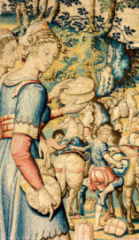 Schloss Bruchsal - Hauptbau / Corps de Logis - Beletage - Arbeitszimmer / Wohnzimmer - Westwand - Ausschnitt aus der Tapisserie "Abigail vor David" aus dem fünfteiligen Zyklus "Die Geschichte von David und Abigail" (Begebenheit aus dem Alten Testament, 1. Buch Samuel, Kapitel 25) (Inv.Nr. G 107; Höhe x Breite: 280,5 cm x 408 cm; Marke / Signatur: dreiblättriges Kleeblatt (rechte untere Ecke der Bordüre); hergestellt vermutlich in Brüssel, 3. Viertel des 16. Jahrhunderts) (aufgenommen im März 2020, am Nachmittag) Schloss Bruchsal - Hauptbau / Corps de Logis - Beletage - Arbeitszimmer / Wohnzimmer - Westwand - Ausschnitt aus der Tapisserie "Abigail vor David" aus dem fünfteiligen Zyklus "Die Geschichte von David und Abigail" (Begebenheit aus dem Alten Testament, 1. Buch Samuel, Kapitel 25) (Inv.Nr. G 107; Höhe x Breite: 280,5 cm x 408 cm; Marke / Signatur: dreiblättriges Kleeblatt (rechte untere Ecke der Bordüre); hergestellt vermutlich in Brüssel, 3. Viertel des 16. Jahrhunderts) (aufgenommen im März 2020, am Nachmittag)