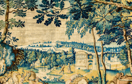 Schloss Bruchsal - Hauptbau / Corps de Logis - Beletage - Arbeitszimmer / Wohnzimmer - Westwand - Ausschnitt aus der Tapisserie "Abigail vor David" aus dem fünfteiligen Zyklus "Die Geschichte von David und Abigail" (Begebenheit aus dem Alten Testament, 1. Buch Samuel, Kapitel 25) (Inv.Nr. G 107; Höhe x Breite: 280,5 cm x 408 cm; Marke / Signatur: dreiblättriges Kleeblatt (rechte untere Ecke der Bordüre); hergestellt vermutlich in Brüssel, 3. Viertel des 16. Jahrhunderts) (aufgenommen im März 2020, am Nachmittag) Schloss Bruchsal - Hauptbau / Corps de Logis - Beletage - Arbeitszimmer / Wohnzimmer - Westwand - Ausschnitt aus der Tapisserie "Abigail vor David" aus dem fünfteiligen Zyklus "Die Geschichte von David und Abigail" (Begebenheit aus dem Alten Testament, 1. Buch Samuel, Kapitel 25) (Inv.Nr. G 107; Höhe x Breite: 280,5 cm x 408 cm; Marke / Signatur: dreiblättriges Kleeblatt (rechte untere Ecke der Bordüre); hergestellt vermutlich in Brüssel, 3. Viertel des 16. Jahrhunderts) (aufgenommen im März 2020, am Nachmittag)