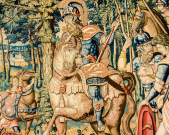 Schloss Bruchsal - Hauptbau / Corps de Logis - Beletage - Arbeitszimmer / Wohnzimmer - Westwand - Ausschnitt aus der Tapisserie "Abigail vor David" aus dem fünfteiligen Zyklus "Die Geschichte von David und Abigail" (Begebenheit aus dem Alten Testament, 1. Buch Samuel, Kapitel 25) (Inv.Nr. G 107; Höhe x Breite: 280,5 cm x 408 cm; Marke / Signatur: dreiblättriges Kleeblatt (rechte untere Ecke der Bordüre); hergestellt vermutlich in Brüssel, 3. Viertel des 16. Jahrhunderts) (aufgenommen im März 2020, am Nachmittag) Schloss Bruchsal - Hauptbau / Corps de Logis - Beletage - Arbeitszimmer / Wohnzimmer - Westwand - Ausschnitt aus der Tapisserie "Abigail vor David" aus dem fünfteiligen Zyklus "Die Geschichte von David und Abigail" (Begebenheit aus dem Alten Testament, 1. Buch Samuel, Kapitel 25) (Inv.Nr. G 107; Höhe x Breite: 280,5 cm x 408 cm; Marke / Signatur: dreiblättriges Kleeblatt (rechte untere Ecke der Bordüre); hergestellt vermutlich in Brüssel, 3. Viertel des 16. Jahrhunderts) (aufgenommen im März 2020, am Nachmittag)