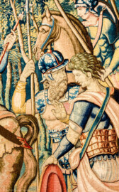 Schloss Bruchsal - Hauptbau / Corps de Logis - Beletage - Arbeitszimmer / Wohnzimmer - Westwand - Ausschnitt aus der Tapisserie "Abigail vor David" aus dem fünfteiligen Zyklus "Die Geschichte von David und Abigail" (Begebenheit aus dem Alten Testament, 1. Buch Samuel, Kapitel 25) (Inv.Nr. G 107; Höhe x Breite: 280,5 cm x 408 cm; Marke / Signatur: dreiblättriges Kleeblatt (rechte untere Ecke der Bordüre); hergestellt vermutlich in Brüssel, 3. Viertel des 16. Jahrhunderts) (aufgenommen im März 2020, am Nachmittag) Schloss Bruchsal - Hauptbau / Corps de Logis - Beletage - Arbeitszimmer / Wohnzimmer - Westwand - Ausschnitt aus der Tapisserie "Abigail vor David" aus dem fünfteiligen Zyklus "Die Geschichte von David und Abigail" (Begebenheit aus dem Alten Testament, 1. Buch Samuel, Kapitel 25) (Inv.Nr. G 107; Höhe x Breite: 280,5 cm x 408 cm; Marke / Signatur: dreiblättriges Kleeblatt (rechte untere Ecke der Bordüre); hergestellt vermutlich in Brüssel, 3. Viertel des 16. Jahrhunderts) (aufgenommen im März 2020, am Nachmittag)