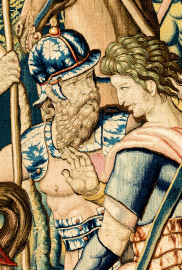 Schloss Bruchsal - Hauptbau / Corps de Logis - Beletage - Arbeitszimmer / Wohnzimmer - Westwand - Ausschnitt aus der Tapisserie "Abigail vor David" aus dem fünfteiligen Zyklus "Die Geschichte von David und Abigail" (Begebenheit aus dem Alten Testament, 1. Buch Samuel, Kapitel 25) (Inv.Nr. G 107; Höhe x Breite: 280,5 cm x 408 cm; Marke / Signatur: dreiblättriges Kleeblatt (rechte untere Ecke der Bordüre); hergestellt vermutlich in Brüssel, 3. Viertel des 16. Jahrhunderts) (aufgenommen im März 2020, am späten Nachmittag) Schloss Bruchsal - Hauptbau / Corps de Logis - Beletage - Arbeitszimmer / Wohnzimmer - Westwand - Ausschnitt aus der Tapisserie "Abigail vor David" aus dem fünfteiligen Zyklus "Die Geschichte von David und Abigail" (Begebenheit aus dem Alten Testament, 1. Buch Samuel, Kapitel 25) (Inv.Nr. G 107; Höhe x Breite: 280,5 cm x 408 cm; Marke / Signatur: dreiblättriges Kleeblatt (rechte untere Ecke der Bordüre); hergestellt vermutlich in Brüssel, 3. Viertel des 16. Jahrhunderts) (aufgenommen im März 2020, am späten Nachmittag)