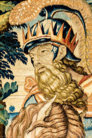 Schloss Bruchsal - Hauptbau / Corps de Logis - Beletage - Arbeitszimmer / Wohnzimmer - Westwand - Ausschnitt aus der Tapisserie "Abigail vor David" aus dem fünfteiligen Zyklus "Die Geschichte von David und Abigail" (Begebenheit aus dem Alten Testament, 1. Buch Samuel, Kapitel 25) (Inv.Nr. G 107; Höhe x Breite: 280,5 cm x 408 cm; Marke / Signatur: dreiblättriges Kleeblatt (rechte untere Ecke der Bordüre); hergestellt vermutlich in Brüssel, 3. Viertel des 16. Jahrhunderts) (aufgenommen im März 2020, am späten Nachmittag) Schloss Bruchsal - Hauptbau / Corps de Logis - Beletage - Arbeitszimmer / Wohnzimmer - Westwand - Ausschnitt aus der Tapisserie "Abigail vor David" aus dem fünfteiligen Zyklus "Die Geschichte von David und Abigail" (Begebenheit aus dem Alten Testament, 1. Buch Samuel, Kapitel 25) (Inv.Nr. G 107; Höhe x Breite: 280,5 cm x 408 cm; Marke / Signatur: dreiblättriges Kleeblatt (rechte untere Ecke der Bordüre); hergestellt vermutlich in Brüssel, 3. Viertel des 16. Jahrhunderts) (aufgenommen im März 2020, am späten Nachmittag)