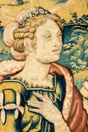 Schloss Bruchsal - Hauptbau / Corps de Logis - Beletage - Arbeitszimmer / Wohnzimmer - Westwand - Ausschnitt aus der Tapisserie "Abigail vor David" aus dem fünfteiligen Zyklus "Die Geschichte von David und Abigail" (Begebenheit aus dem Alten Testament, 1. Buch Samuel, Kapitel 25) (Inv.Nr. G 107; Höhe x Breite: 280,5 cm x 408 cm; Marke / Signatur: dreiblättriges Kleeblatt (rechte untere Ecke der Bordüre); hergestellt vermutlich in Brüssel, 3. Viertel des 16. Jahrhunderts) (aufgenommen im März 2020, am späten Nachmittag) Schloss Bruchsal - Hauptbau / Corps de Logis - Beletage - Arbeitszimmer / Wohnzimmer - Westwand - Ausschnitt aus der Tapisserie "Abigail vor David" aus dem fünfteiligen Zyklus "Die Geschichte von David und Abigail" (Begebenheit aus dem Alten Testament, 1. Buch Samuel, Kapitel 25) (Inv.Nr. G 107; Höhe x Breite: 280,5 cm x 408 cm; Marke / Signatur: dreiblättriges Kleeblatt (rechte untere Ecke der Bordüre); hergestellt vermutlich in Brüssel, 3. Viertel des 16. Jahrhunderts) (aufgenommen im März 2020, am späten Nachmittag)