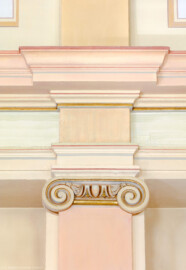 Waghäusel - Wallfahrtskirche - Von innen - Längsschiff - Nordwand - Von Süden - Blick auf Gesims, Pilaster und Kapitell (aufgenommen im April 2020, am späten Nachmittag)