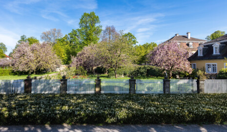 Schloss Bruchsal - Schlossgarten - Wohnungen von Hofangestellten im Westen - Von Westen - Blick von der Zollhallenstraße auf die Gärten der ehemaligen Hofjägerwohnung (rechts vorne) und der ehemaligen Hofgärtnerwohnung (rechts hinten) (aufgenommen im April 2020, am späten Nachmittag) Schloss Bruchsal - Schlossgarten - Wohnungen von Hofangestellten im Westen - Von Westen - Blick von der Zollhallenstraße auf die Gärten der ehemaligen Hofjägerwohnung (rechts vorne) und der ehemaligen Hofgärtnerwohnung (rechts hinten) (aufgenommen im April 2020, am späten Nachmittag)
