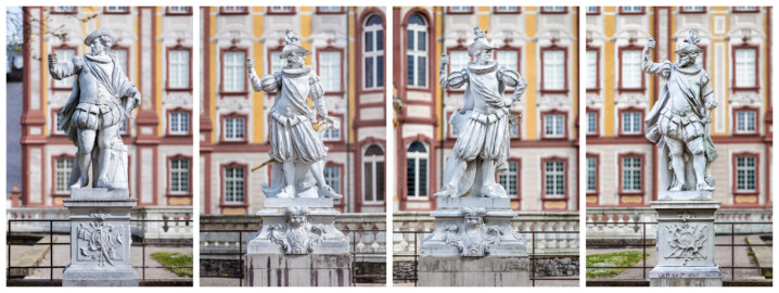 Schloss Bruchsal - Schlossterrasse - Westseite / Schlossgarten - Von Westen - 1. bis 4. Skulptur von Norden - Blick von der Hauptachse des Gartens nach Osten auf die vier "Hellebardiere", als "Wächter" des Schlosses (gehauen von Joachim Günther, 1758 bis 1763) (aufgenommen im April 2020, am Nachmittag) Schloss Bruchsal - Schlossterrasse - Westseite / Schlossgarten - Von Westen - 1. bis 4. Skulptur von Norden - Blick von der Hauptachse des Gartens nach Osten auf die vier "Hellebardiere", als "Wächter" des Schlosses (gehauen von Joachim Günther, 1758 bis 1763) (aufgenommen im April 2020, am Nachmittag)