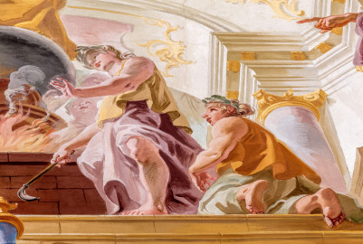 Schloss Bruchsal - Hauptbau / Corps de Logis - Beletage - Marmorsaal / Kaisersaal - Deckenfresko, äußere Zone, südöstlich des Zentrums der Decke - Ausschnitt aus dem ewigen Herdfeuer im Tempel der Vesta - Darstellung von Vestalinnen, das Feuer schürend, damit es niemals ausgehen kann (Deckenfresko urspünglich gemalt 1754 von Johannes Zick, originalgetreu rekonstruiert 1971 bis 1974 von Wolfram Köberl; Stuck urspünglich von Johann Michael Feuchtmayer dem Jüngeren, rekonstruiert 1962 bis 1969 von Jakob und Josef Schnitzer) (aufgenommen im Mai 2020, am späten Nachmittag) Schloss Bruchsal - Hauptbau / Corps de Logis - Beletage - Marmorsaal / Kaisersaal - Deckenfresko, äußere Zone, südöstlich des Zentrums der Decke - Ausschnitt aus dem ewigen Herdfeuer im Tempel der Vesta - Darstellung von Vestalinnen, das Feuer schürend, damit es niemals ausgehen kann (Deckenfresko urspünglich gemalt 1754 von Johannes Zick, originalgetreu rekonstruiert 1971 bis 1974 von Wolfram Köberl; Stuck urspünglich von Johann Michael Feuchtmayer dem Jüngeren, rekonstruiert 1962 bis 1969 von Jakob und Josef Schnitzer) (aufgenommen im Mai 2020, am späten Nachmittag)