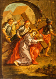 Bruchsal - Peterskirche / St. Peter - Nördliches Längsschiff / westliches Querschiff - Bilderzyklus "Kreuzweg" - Kreuzwegstation III "Jesus fällt zum ersten Mal unter dem Kreuz" (Kreuzwegstation XIV signiert mit "Ebenhöch", gemalt wohl um 1725, 1963 in St. Peter aufgehängt) (aufgenommen im Mai 2020, am Nachmittag)