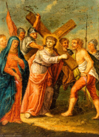 Bruchsal - Peterskirche / St. Peter - Nördliches Längsschiff / westliches Querschiff - Bilderzyklus "Kreuzweg" - Kreuzwegstation IV "Jesus begegnet seiner Mutter" (Kreuzwegstation XIV signiert mit "Ebenhöch", gemalt wohl um 1725, 1963 in St. Peter aufgehängt) (aufgenommen im Mai 2020, am Nachmittag)