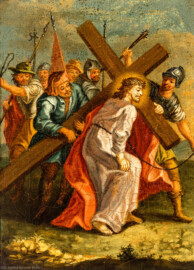 Bruchsal - Peterskirche / St. Peter - Nördliches Längsschiff / westliches Querschiff - Bilderzyklus "Kreuzweg" - Kreuzwegstation V "Simon von Cyrene hilft Jesus das Kreuz tragen" (Kreuzwegstation XIV signiert mit "Ebenhöch", gemalt wohl um 1725, 1963 in St. Peter aufgehängt) (aufgenommen im Mai 2020, am Nachmittag)