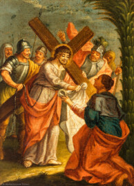 Bruchsal - Peterskirche / St. Peter - Nördliches Längsschiff / westliches Querschiff - Bilderzyklus "Kreuzweg" - Kreuzwegstation VI "Veronika reicht Jesus das Schweißtuch" (Kreuzwegstation XIV signiert mit "Ebenhöch", gemalt wohl um 1725, 1963 in St. Peter aufgehängt) (aufgenommen im Mai 2020, am Nachmittag) Bruchsal - Peterskirche / St. Peter - Nördliches Längsschiff / westliches Querschiff - Bilderzyklus "Kreuzweg" - Kreuzwegstation VI "Veronika reicht Jesus das Schweißtuch" (Kreuzwegstation XIV signiert mit "Ebenhöch", gemalt wohl um 1725, 1963 in St. Peter aufgehängt) (aufgenommen im Mai 2020, am Nachmittag)