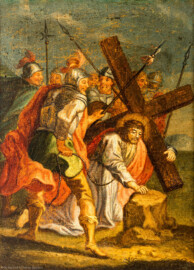 Bruchsal - Peterskirche / St. Peter - Nördliches Längsschiff / westliches Querschiff - Bilderzyklus "Kreuzweg" - Kreuzwegstation VII "Jesus fällt zum zweiten Mal unter dem Kreuz" (Kreuzwegstation XIV signiert mit "Ebenhöch", gemalt wohl um 1725, 1963 in St. Peter aufgehängt) (aufgenommen im Mai 2020, am Nachmittag)