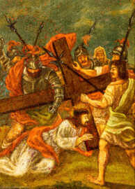 Bruchsal - Peterskirche / St. Peter - Nördliches Längsschiff / westliches Querschiff - Bilderzyklus "Kreuzweg" - Kreuzwegstation VIII "Jesus fällt zum dritten Mal unter dem Kreuz" (ursprüngliches Bild ersetzt; Maler unbekannt; nach 1963 in St. Peter aufgehängt) (aufgenommen im Mai 2020, am Nachmittag) Bruchsal - Peterskirche / St. Peter - Nördliches Längsschiff / westliches Querschiff - Bilderzyklus "Kreuzweg" - Kreuzwegstation VIII "Jesus fällt zum dritten Mal unter dem Kreuz" (ursprüngliches Bild ersetzt; Maler unbekannt; nach 1963 in St. Peter aufgehängt) (aufgenommen im Mai 2020, am Nachmittag)