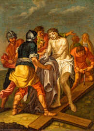 Bruchsal - Peterskirche / St. Peter - Nördliches Längsschiff / westliches Querschiff - Bilderzyklus "Kreuzweg" - Kreuzwegstation X "Jesus wird seiner Kleider beraubt" (Kreuzwegstation XIV signiert mit "Ebenhöch", gemalt wohl um 1725, 1963 in St. Peter aufgehängt) (aufgenommen im Mai 2020, am Nachmittag)