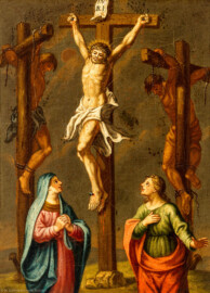 Bruchsal - Peterskirche / St. Peter - Nördliches Längsschiff / westliches Querschiff - Bilderzyklus "Kreuzweg" - Kreuzwegstation XII "Jesus stirbt am Kreuz" (Kreuzwegstation XIV signiert mit "Ebenhöch", gemalt wohl um 1725, 1963 in St. Peter aufgehängt) (aufgenommen im Mai 2020, am späten Nachmittag)