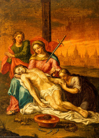 Bruchsal - Peterskirche / St. Peter - Nördliches Längsschiff / westliches Querschiff - Bilderzyklus "Kreuzweg" - Kreuzwegstation XIII "Jesus wird vom Kreuz abgenommen und in den Schoß seiner Mutter gelegt" (Kreuzwegstation XIV signiert mit "Ebenhöch", gemalt wohl um 1725, 1963 in St. Peter aufgehängt) (aufgenommen im Mai 2020, am späten Nachmittag) Bruchsal - Peterskirche / St. Peter - Nördliches Längsschiff / westliches Querschiff - Bilderzyklus "Kreuzweg" - Kreuzwegstation XIII "Jesus wird vom Kreuz abgenommen und in den Schoß seiner Mutter gelegt" (Kreuzwegstation XIV signiert mit "Ebenhöch", gemalt wohl um 1725, 1963 in St. Peter aufgehängt) (aufgenommen im Mai 2020, am späten Nachmittag)