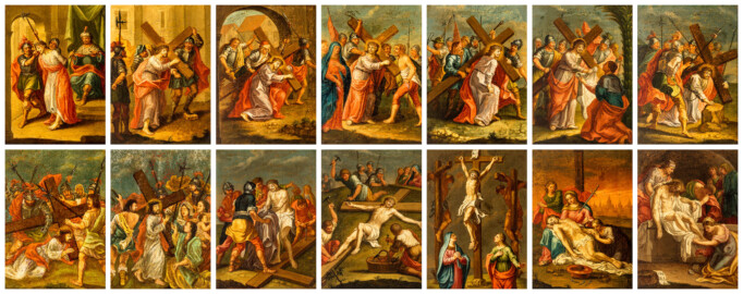 Bruchsal - Peterskirche / St. Peter - Nördliches Längsschiff / westliches Querschiff - Bilderzyklus "Kreuzweg" - Kreuzwegstation I bis XIV (alle Bilder bis auf Bild 8 und 9: Kreuzwegstation XIV signiert mit "Ebenhöch", gemalt wohl um 1725, 1963 in St. Peter aufgehängt; ursprüngliche Bilder 8 und 9 ersetzt, Maler unbekannt, nach 1963 aufgehängt) (aufgenommen im Mai 2020, am Nachmittag) Bruchsal - Peterskirche / St. Peter - Nördliches Längsschiff / westliches Querschiff - Bilderzyklus "Kreuzweg" - Kreuzwegstation I bis XIV (alle Bilder bis auf Bild 8 und 9: Kreuzwegstation XIV signiert mit "Ebenhöch", gemalt wohl um 1725, 1963 in St. Peter aufgehängt; ursprüngliche Bilder 8 und 9 ersetzt, Maler unbekannt, nach 1963 aufgehängt) (aufgenommen im Mai 2020, am Nachmittag)