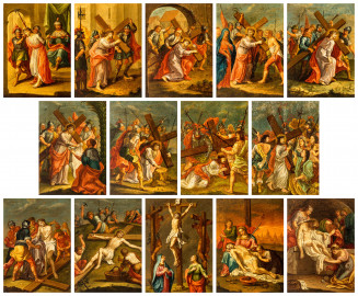 Bruchsal - Peterskirche / St. Peter - Nördliches Längsschiff / westliches Querschiff - Bilderzyklus "Kreuzweg" - Kreuzwegstation I bis XIV (alle Bilder bis auf Bild 8 und 9: Kreuzwegstation XIV signiert mit "Ebenhöch", gemalt wohl um 1725, 1963 in St. Peter aufgehängt; ursprüngliche Bilder 8 und 9 ersetzt, Maler unbekannt, nach 1963 aufgehängt) (aufgenommen im Mai 2020, am Nachmittag) Bruchsal - Peterskirche / St. Peter - Nördliches Längsschiff / westliches Querschiff - Bilderzyklus "Kreuzweg" - Kreuzwegstation I bis XIV (alle Bilder bis auf Bild 8 und 9: Kreuzwegstation XIV signiert mit "Ebenhöch", gemalt wohl um 1725, 1963 in St. Peter aufgehängt; ursprüngliche Bilder 8 und 9 ersetzt, Maler unbekannt, nach 1963 aufgehängt) (aufgenommen im Mai 2020, am Nachmittag)