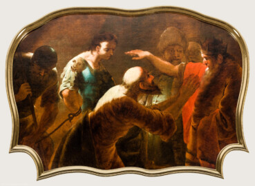 Schloss Bruchsal - Hauptbau / Corps de Logis - Beletage - Musikzimmer - Südwand - Blick auf die südliche Supraporte "Die Verhaftung des Mucius Scaevola" (gemalt von Johannes Zick um 1755/60; Inv.Nr. G 754) (aufgenommen im Juni 2020, um die Mittagszeit)