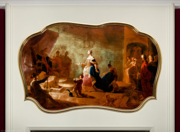 Schloss Bruchsal - Hauptbau / Corps de Logis - Beletage - Thronsaal / Audienzzimmer - Ostwand - Blick auf die östliche Supraporte "Salomo und die Königin von Saba" (biblische Szene aus dem Alten Testament; gemalt von Johannes oder Januarius Zick, um 1755-1760; Inv.Nr. G 665) (aufgenommen im Juni 2020, am Nachmittag) Schloss Bruchsal - Hauptbau / Corps de Logis - Beletage - Thronsaal / Audienzzimmer - Ostwand - Blick auf die östliche Supraporte "Salomo und die Königin von Saba" (biblische Szene aus dem Alten Testament; gemalt von Johannes oder Januarius Zick, um 1755-1760; Inv.Nr. G 665) (aufgenommen im Juni 2020, am Nachmittag)