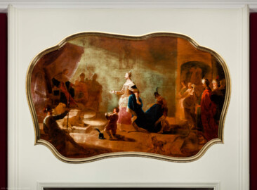 Schloss Bruchsal - Hauptbau / Corps de Logis - Beletage - Thronsaal / Audienzzimmer - Ostwand - Blick auf die östliche Supraporte "Salomo und die Königin von Saba" (biblische Szene aus dem Alten Testament; gemalt von Johannes oder Januarius Zick, um 1755-1760; Inv.Nr. G 665) (aufgenommen im Juni 2020, am Nachmittag)