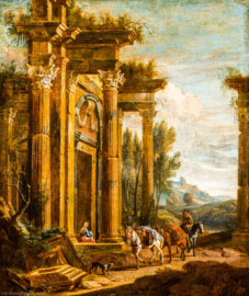 Schloss Bruchsal - Hauptbau / Corps de Logis - Beletage - Empfangszimmer / Roter Salon, Südwand - Gemälde Nr. 18 - "Tempelruine mit Schäferszene" (Maler unbekannt; zweite Hälfte des 17. Jahrhunderts; gemalt im Stil des Ruinenmalers Johann Heinrich Roos (1631-1685); Höhe x Breite: 122 cm x 105 cm; Inv.Nr. G 775) (aufgenommen im Juni 2020, um die Mittagszeit) Schloss Bruchsal - Hauptbau / Corps de Logis - Beletage - Empfangszimmer / Roter Salon, Südwand - Gemälde Nr. 18 - "Tempelruine mit Schäferszene" (Maler unbekannt; zweite Hälfte des 17. Jahrhunderts; gemalt im Stil des Ruinenmalers Johann Heinrich Roos (1631-1685); Höhe x Breite: 122 cm x 105 cm; Inv.Nr. G 775) (aufgenommen im Juni 2020, um die Mittagszeit)