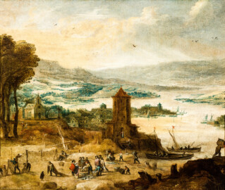 Schloss Bruchsal - Hauptbau / Corps de Logis - Beletage - Empfangszimmer / Roter Salon, Südwand - Südliche Supraporte "Flusslandschaft mit Fischerhafen" (gemalt von Christoph Treu (1739-1799), um 1765-68; Inv.Nr. G 684) (aufgenommen im Juni 2020, am frühen Nachmittag) Schloss Bruchsal - Hauptbau / Corps de Logis - Beletage - Empfangszimmer / Roter Salon, Südwand - Südliche Supraporte "Flusslandschaft mit Fischerhafen" (gemalt von Christoph Treu (1739-1799), um 1765-68; Inv.Nr. G 684) (aufgenommen im Juni 2020, am frühen Nachmittag)