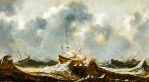 Schloss Bruchsal - Hauptbau / Corps de Logis - Beletage - Arbeitszimmer / Wohnzimmer, Südwand - Gemälde "Segelschiffe auf stürmischer See" (niederländischer Ursprung, 2. Hälfte des 17. Jahrhunderts; Inv.Nr. G 1100) (aufgenommen im Juni 2020, am Nachmittag) Schloss Bruchsal - Hauptbau / Corps de Logis - Beletage - Arbeitszimmer / Wohnzimmer, Südwand - Gemälde "Segelschiffe auf stürmischer See" (niederländischer Ursprung, 2. Hälfte des 17. Jahrhunderts; Inv.Nr. G 1100) (aufgenommen im Juni 2020, am Nachmittag)