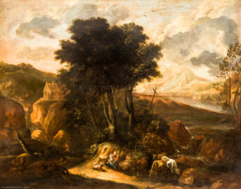 Schloss Bruchsal - Hauptbau / Corps de Logis - Beletage - Arbeitszimmer / Wohnzimmer, Südwand - Südliche Supraporte - Landschaftsgemälde nach Art von Claude Lorrain (1600-1682) (Inv.Nr. G 688 oder G 690) (aufgenommen im Juni 2020, am Nachmittag) Schloss Bruchsal - Hauptbau / Corps de Logis - Beletage - Arbeitszimmer / Wohnzimmer, Südwand - Südliche Supraporte - Landschaftsgemälde nach Art von Claude Lorrain (1600-1682) (Inv.Nr. G 688 oder G 690) (aufgenommen im Juni 2020, am Nachmittag)