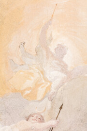 Schloss Bruchsal - Hauptbau / Corps de Logis - Beletage - Marmorsaal / Kaisersaal - Deckenfresko, Innere Zone, Südöstlich des Zentrums - Ausschnitt aus den Vier Elementen - Darstellung der obersten Gottheit Zeus / Jupiter mit dem Donnerkeil als Allegorie des Elements Feuer; unten: Darstellung der Göttin der Jagd Diana / Artemis, mit Pfeil und Bogen und einer Mondsichel auf dem Kopf (Deckenfresko urspünglich gemalt 1754 von Johannes Zick, originalgetreu rekonstruiert 1971 bis 1974 von Wolfram Köberl; Stuck urspünglich von Johann Michael Feuchtmayer dem Jüngeren, rekonstruiert 1962 bis 1969 von Jakob und Josef Schnitzer) (aufgenommen im Juli 2020, am Nachmittag) Schloss Bruchsal - Hauptbau / Corps de Logis - Beletage - Marmorsaal / Kaisersaal - Deckenfresko, Innere Zone, Südöstlich des Zentrums - Ausschnitt aus den Vier Elementen - Darstellung der obersten Gottheit Zeus / Jupiter mit dem Donnerkeil als Allegorie des Elements Feuer; unten: Darstellung der Göttin der Jagd Diana / Artemis, mit Pfeil und Bogen und einer Mondsichel auf dem Kopf (Deckenfresko urspünglich gemalt 1754 von Johannes Zick, originalgetreu rekonstruiert 1971 bis 1974 von Wolfram Köberl; Stuck urspünglich von Johann Michael Feuchtmayer dem Jüngeren, rekonstruiert 1962 bis 1969 von Jakob und Josef Schnitzer) (aufgenommen im Juli 2020, am Nachmittag)