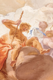 Schloss Bruchsal - Hauptbau / Corps de Logis - Beletage - Marmorsaal / Kaisersaal - Deckenfresko, Innere Zone, Südöstlich des Zentrums - Blick auf Figuren (Deckenfresko urspünglich gemalt 1754 von Johannes Zick, originalgetreu rekonstruiert 1971 bis 1974 von Wolfram Köberl; Stuck urspünglich von Johann Michael Feuchtmayer dem Jüngeren, rekonstruiert 1962 bis 1969 von Jakob und Josef Schnitzer) (aufgenommen im Juli 2020, am Nachmittag) Schloss Bruchsal - Hauptbau / Corps de Logis - Beletage - Marmorsaal / Kaisersaal - Deckenfresko, Innere Zone, Südöstlich des Zentrums - Blick auf Figuren (Deckenfresko urspünglich gemalt 1754 von Johannes Zick, originalgetreu rekonstruiert 1971 bis 1974 von Wolfram Köberl; Stuck urspünglich von Johann Michael Feuchtmayer dem Jüngeren, rekonstruiert 1962 bis 1969 von Jakob und Josef Schnitzer) (aufgenommen im Juli 2020, am Nachmittag)