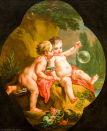 Schloss Bruchsal - Hauptbau / Corps de Logis - Beletage - Grünes Zimmer / Schlafzimmer - Westwand - Gemälde "Kinder mit Seifenblasen" (gemalt von Nikolaus Treu, um 1763; Inv.Nr. G 677; Höhe x Breite: 95,5 x 79 cm) (aufgenommen im Juli 2020, am späten Vormittag) Schloss Bruchsal - Hauptbau / Corps de Logis - Beletage - Grünes Zimmer / Schlafzimmer - Westwand - Gemälde "Kinder mit Seifenblasen" (gemalt von Nikolaus Treu, um 1763; Inv.Nr. G 677; Höhe x Breite: 95,5 x 79 cm) (aufgenommen im Juli 2020, am späten Vormittag)